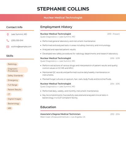 Nuclear Medical Technologist Resume