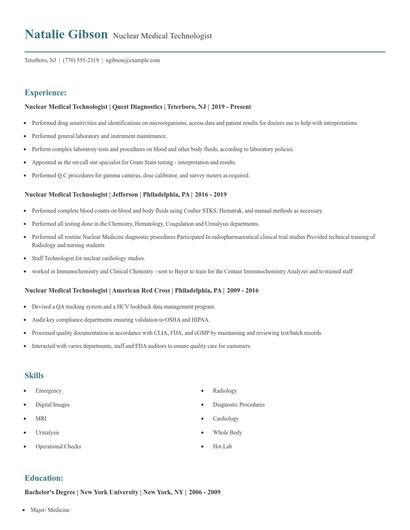 Nuclear Medical Technologist Resume