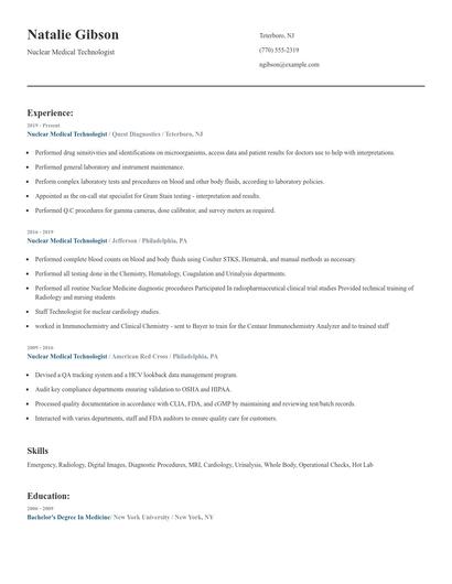 Nuclear Medical Technologist Resume
