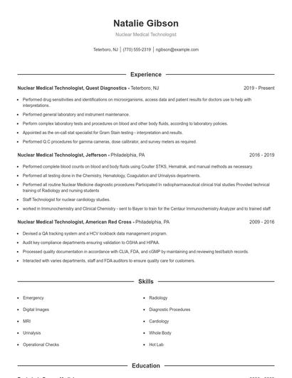 Nuclear Medical Technologist Resume