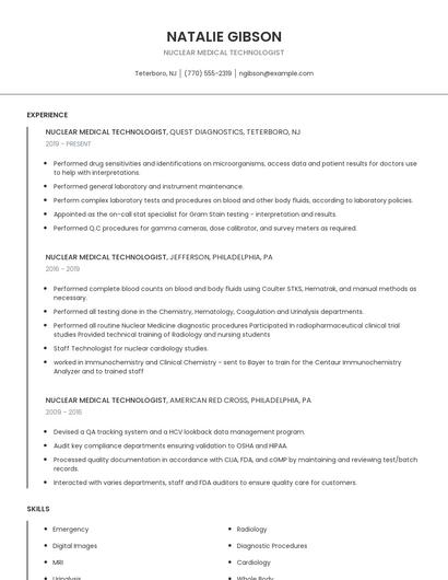 Nuclear Medical Technologist Resume