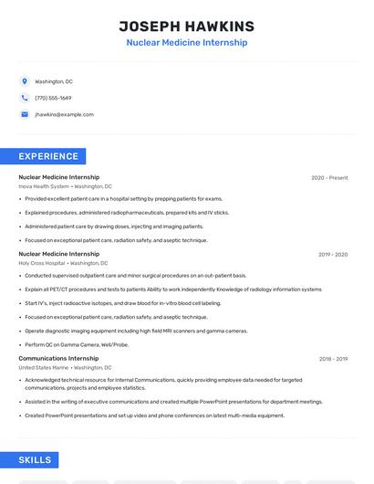 Nuclear Medicine Internship Resume