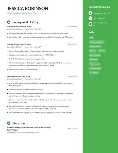 Nuclear Medicine Internship Resume
