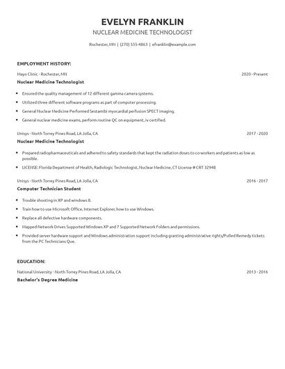 Nuclear Medicine Technologist Resume