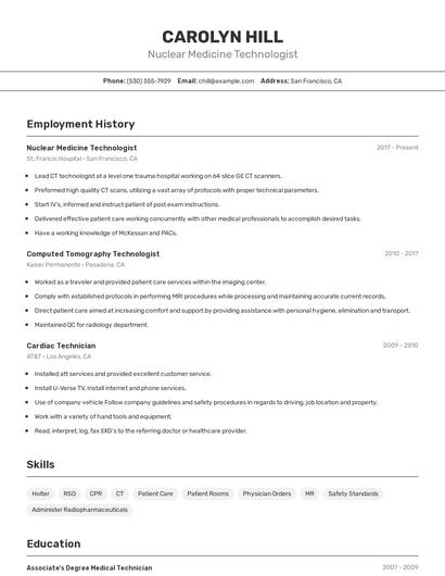 Nuclear Medicine Technologist Resume