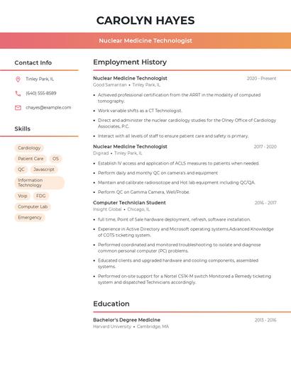 Nuclear Medicine Technologist Resume