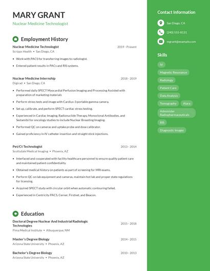 Nuclear Medicine Technologist Resume