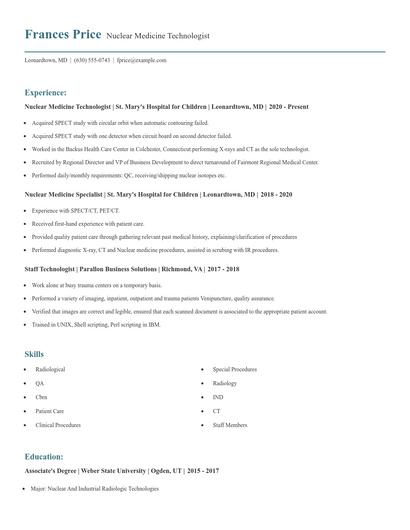 Nuclear Medicine Technologist Resume