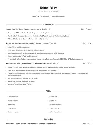 Nuclear Medicine Technologist Resume