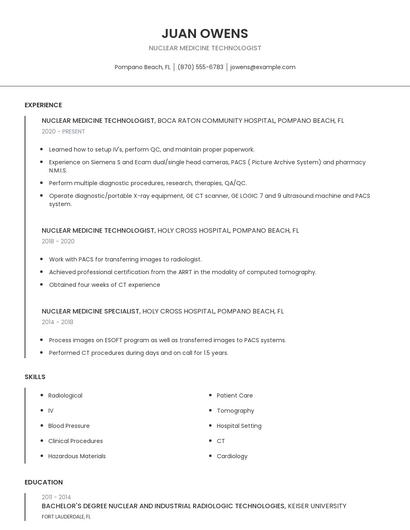 Nuclear Medicine Technologist Resume