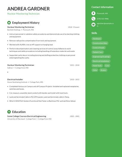 Nuclear Monitoring Technician Resume