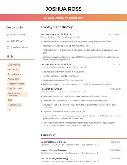 Nuclear Operating Technician Resume
