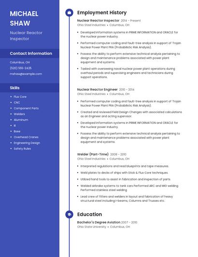 Nuclear Reactor Inspector Resume