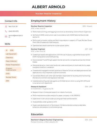 Nuclear Reactor Inspector Resume