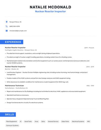 Nuclear Reactor Inspector Resume