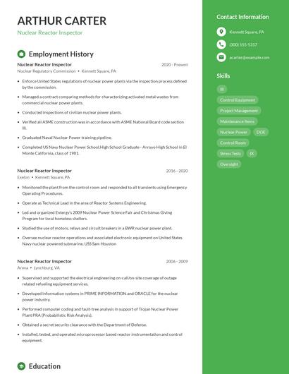 Nuclear Reactor Inspector Resume
