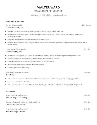 Nuclear Reactor Operator Resume