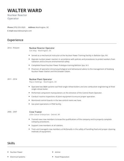 Nuclear Reactor Operator Resume