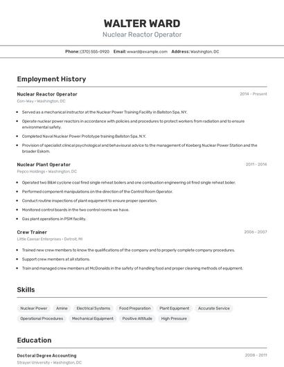 Nuclear Reactor Operator Resume
