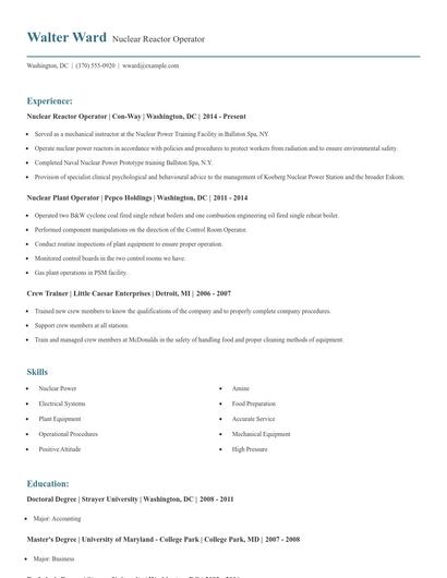 Nuclear Reactor Operator Resume