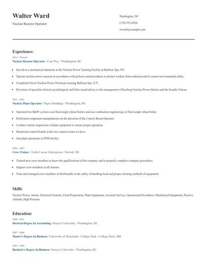 Nuclear Reactor Operator Resume