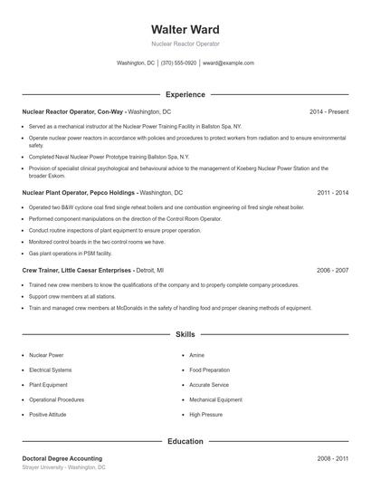 Nuclear Reactor Operator Resume