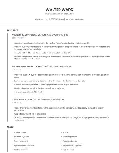 Nuclear Reactor Operator Resume