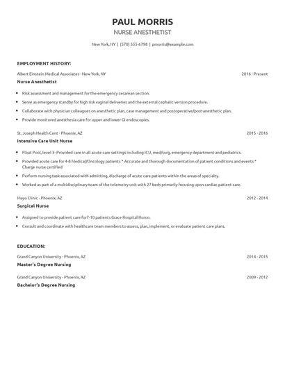Nurse Anesthetist Resume