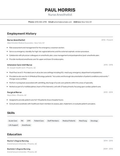 Nurse Anesthetist Resume