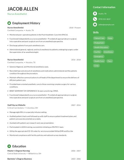 Nurse Anesthetist Resume