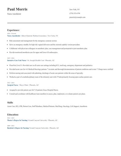 Nurse Anesthetist Resume