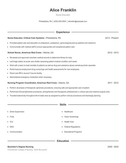 Nurse Educator Resume