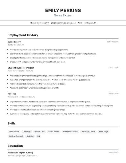 Nurse Extern Resume