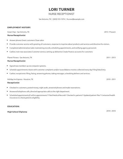 Nurse Receptionist Resume