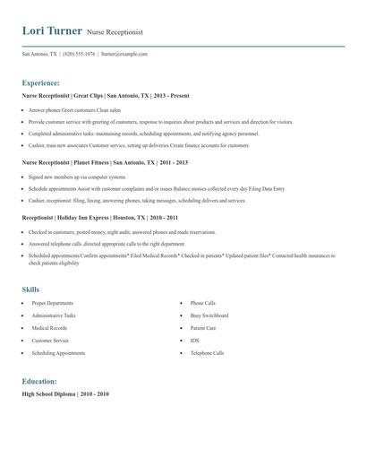 Nurse Receptionist Resume