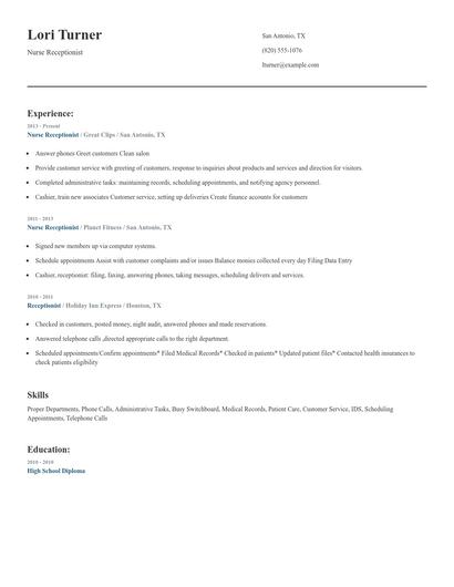 Nurse Receptionist Resume