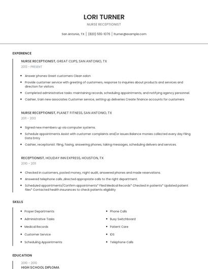 Nurse Receptionist Resume