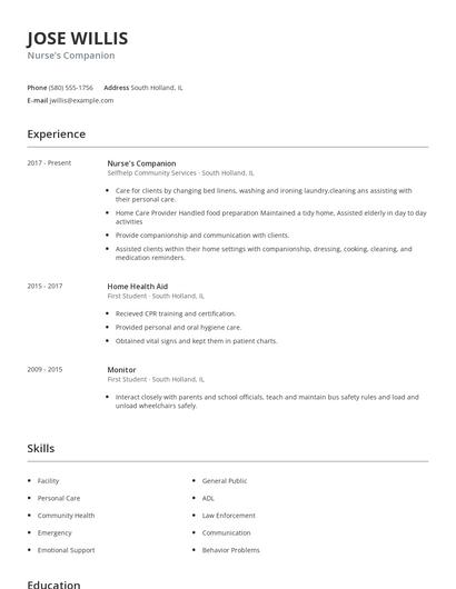 Nurse's Companion Resume