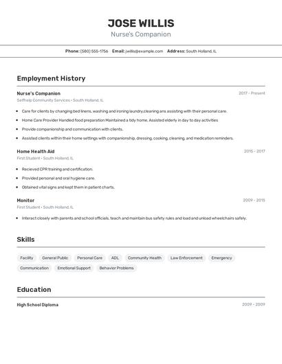 Nurse's Companion Resume