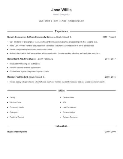 Nurse's Companion Resume