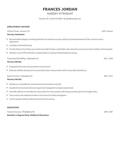 Nursery Attendant Resume