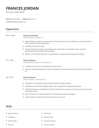 Nursery Attendant Resume
