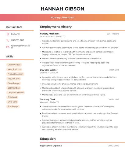 Nursery Attendant Resume