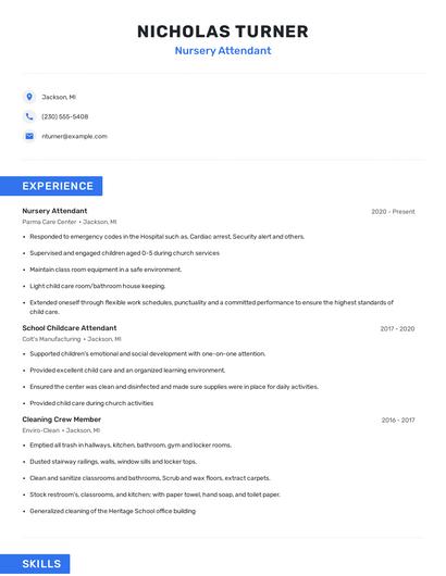 Nursery Attendant Resume