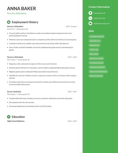 Nursery Attendant Resume