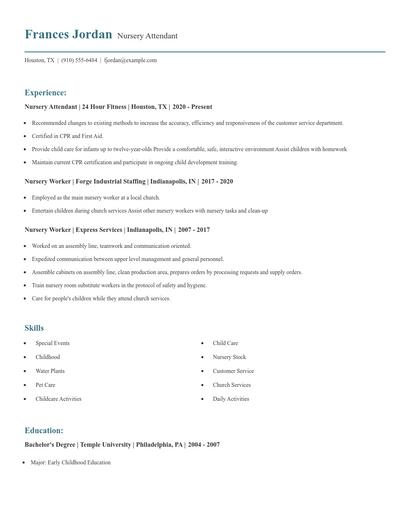 Nursery Attendant Resume
