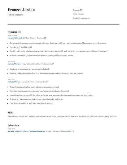 Nursery Attendant Resume