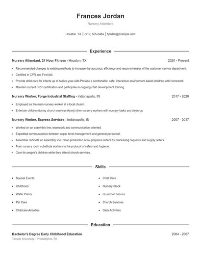 Nursery Attendant Resume