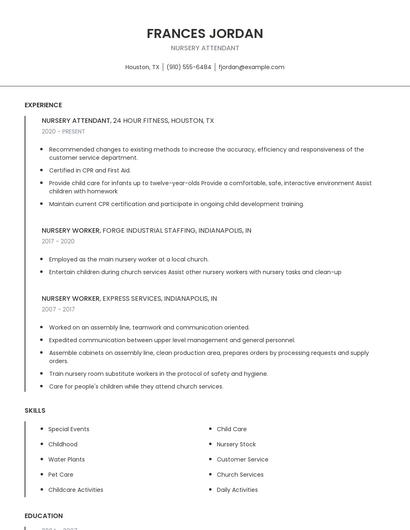 Nursery Attendant Resume
