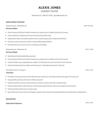 Nursery Helper Resume
